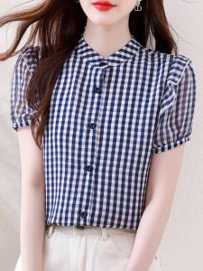 เสื้อเชิ้ตผู้หญิงคอโปโลแขนสั้นผ้าชีฟองลายสก็อตสไตล์ฝรั่งเศส ฤดูร้อน 2025 ใหม่ ไฮเอนด์ แฟชั่น เสื้อเชิ้ตผู้หญิง