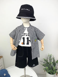 Pineapple Embroidery Fresh Black White Plaid Short Sleeve Shirt Boys Summer Versatile Half Sleeve Button up Cardigan Trendy