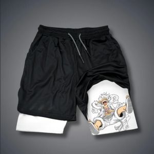 Bandai | One Piece Mens Shorts Double Layer 2-in-1 Shorts Monkey D. Luffy Japanese Anime Summer and Autumn Fake Two-piece Gym Pants