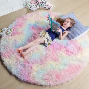 vikama Rainbow Fluffy Round Rug for Girls Bedroom Home Decor Colorful Pastel Shag Circle Soft Cute Fuzzy Area Rugs Preppy Dorm