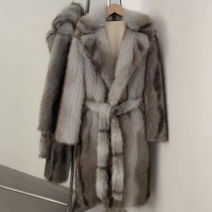 Women Long Faux Fur Coat Womens Artificial Fur Coat Long Fur Coat Notched Lapel Belted Faux Fur JacketThick Outerwear New