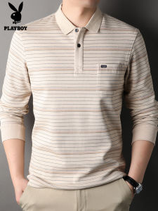 Long Sleeve Pure Cotton Striped T-Shirt for Middle-Aged Men with Pockets Button Decorated Fashionable Business Casual Shirt