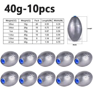 10pcs 10/20/30/40/50/60g Fishing Lead Olive Shaped Sinkers with Plastic Plug Hollow Lure Lead Weights Fishing Slip Shot Sinkers