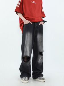 Millennium Retro American Loose Feeling Mens Design High Street Long Straight Leg Jeans Distressed Water Washed Straight Cut