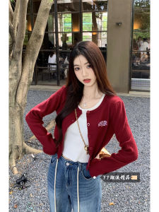 Retro American Wine Red Knitted Cardigan Womens Winter Long Sleeve Sweater Jacket Tight Base Layer Short Top Inner Wear