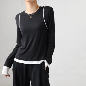 LHH Color Block round Neck Long Sleeve Thin T-Shirt Womens Spring Autumn Cool Sensation Sun Protection Base Layer Overhead Trendy Top