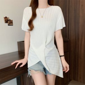 AIYITI | Áo Thun Tay Ngắn Màu Xám Đẹp Duyên Dáng Lớn Kích Cỡ Buộc eo Không Đều