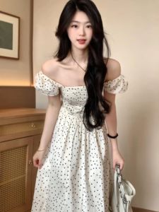 CHANGTONG | French Style Off-Shoulder Polka Dot Waist-Cinching Dress