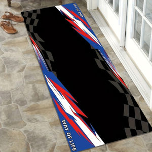 VIKAMA Motorcycle Garage Long Mat Checkered Flag Non Slip Wear Resistant Corridor Rug for Boys Bedroom E-Sports Room Decor