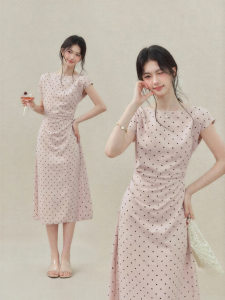 OUYANGXI | Đầm Dots Giảm Eo Hồng