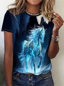 Navy Blue Womens Tee - Glowing Blue Horse Graphic Enchanted Fantasy Print Design for Casual Daily Wear