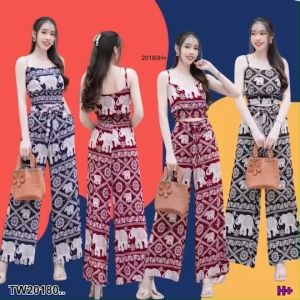 set 2 ชิ้น เสื้อครอปสายเดี่ยวลายช้าง+กางเกงขายาวผูกโบว์ เอวยืดหลัง TT20180