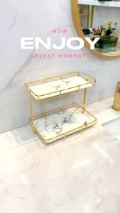 Kệ Đựng Mỹ Phẩm Đồ Trang Điểm 2 Tầng Cao Cấp Khung Làm Từ Thép Không Gỉ Viền Mạ Vàng Phong Cách Châu Âu Đẹp Tiện Dụng
