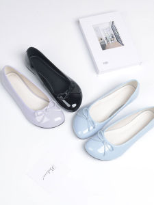 Elegant Bow Decorated Low-heel Round Toe Flats Leather Glossy Blue