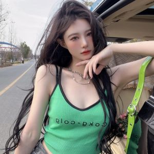 Áo Ba Lỗ Không Tay in Chữ Ngắn Gợi Cảm Áo Ba Lỗ Dây Xanh Mát Áo Ba Lỗ Dây Thiết Kế Nhỏ Không Tay Áo Khoác Ngoài Mùa Hè 2022