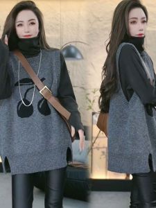 Womens Knitted Sweater Set High Collar Base Layer Open Split Two Piece Set Spring New Style Fashionable Lazy Style Ensemble