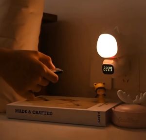 Đèn ngủ thông minh hình con thỏ dễ thương có đồng hồ xem giờ ánh sáng 3 màu tăng giảm điều chỉnh độ sáng pin sạc 300mA