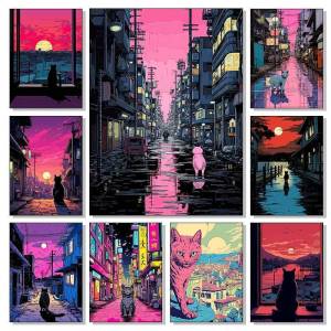 1pc Canvas Painting Retro Japan Cat City Pop Art Purple Street Posters and Prints Canvas Printing Wall Picture Room Decoration