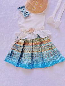 ชุดไทยเด็กหญิงประยุกต์แบบกระโปรงสั้นสีฟ้า set 3 ชิ้นสุดน่ารัก