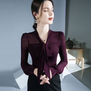 Womens Casual Long Sleeve V-Neck Shirt Butterfly Knot Tie Top Fashionable Inner Wear Lantern Sleeve Spring Autumn Top