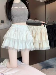 กระโปรงทรงเค้กสีพื้นลายลูกไม้เอวสูงสไตล์เกาหลี กระโปรงสั้นทรงเอ ผ้าโพลีเอสเตอร์ กระโปรงสั้นทรงเค้ก ความยาวปานกลาง