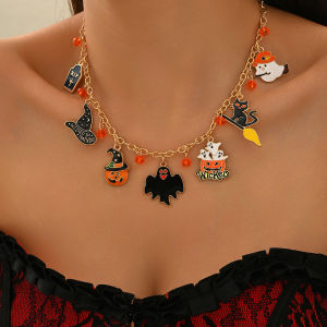 QrhYK Gothic Punk Halloween Metal Chain Necklace For Women Men Vintage Black Spider Bat Pumpkin Ghost Clavicle Choker Festival Jewelry