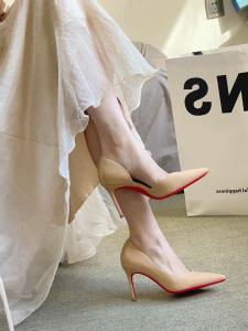 รองเท้าส้นสูงพื้นแดง ทรงหัวแหลม ด้านข้างเปิด สำหรับผู้หญิง รองเท้าส้นเดี่ยวสุดเซ็กซี่ รองเท้าแฟชั่นฤดูใบไม้ผลิ ฤดูใบไม้ร่วง ฤดูหนาว รองเท้าส้นเดี่ยวแบบสวมสบาย