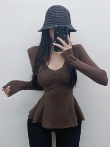 French Style Long Sleeve T-Shirt V-Neck Hem Lace Trim Waist Cinch Slimming Top Pure Color Autumn New Arrival Ladies Fashion