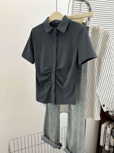 plus Size Womens French Waist Shirt Spring Summer 2024 Pure Desire Chic Korean Style Short Sleeve Polo Collar Slim Fit Top