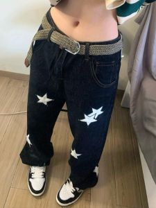 American High Street Star Embroidery Straight Leg Jeans Womens Spring Autumn Black High Waist Loose Slim Wide Leg Pants