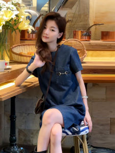 Stylish Korean Version Denim Short Sleeve Dress Slimming High Waist A-Line Skirt Elegant Spring Summer Fashion for Young Women
