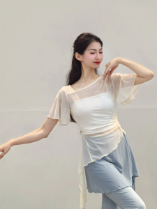 Áo Biểu Diễn Múa Cổ Điển Mùa Hè Mới Ôm Vừa Vặn Tay Ngắn Lưới Hoa Áo Biểu Diễn Múa Hiện Đại Cổ Điển Tập Luyện Thể Thao