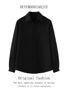 Black Bow Tie Shirt Womens Autumn Winter New Style Versatile College Wind Long Sleeve Shirt Sweet Japanese Style Pure Color Polo Collar