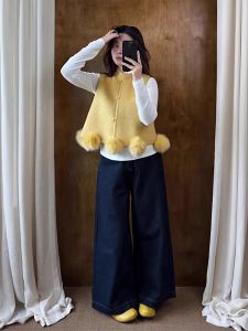 XUECAIQI | New Chinese Style Button-Up Yellow Wool Vest Layered Set 3 Pieces