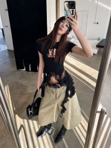 Sermeet Lace Trim Sleeveless Cat Pattern Printed Slim Fit Womens T-shirt Sweet Cool Style round Neck Short Length Top