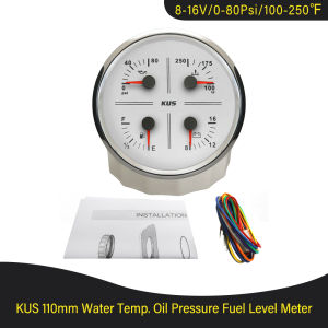 KUS Car 110mm Multifunction Gauge Tachometer Fuel Level 12V Voltmeter Oil Pressure Water Temp Gauge with Red/Yellow Backlight