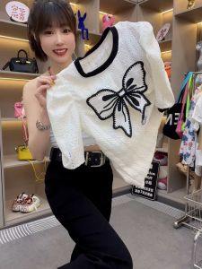 European Goods 2024 Summer New Arrival Cut Out Bows Short Sleeve T-shirt Female round Neck Multicolor Puff Sleeves Design Blouse