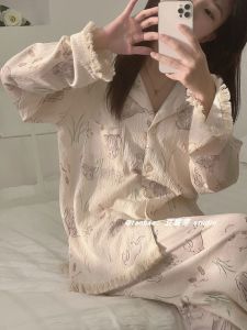 New Arrival Ins Pajamas Womens Japanese Style Sweet Cartoon Cute Rabbit Girl Long Sleeve Cardigan Loose Homewear Suit