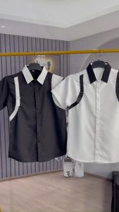 Áo sơ mi nam ngắn tay 2 màu trắng đen in logo chữ phối viền chất vãi kate lụa mềm mịn thoáng mát