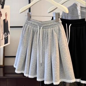 Váy Ngắn Xếp Ly Màu Xám Cỡ Lớn Cho Nữ Mùa Hè Váy Thể Thao Ngắn Xếp Ly Cạp Cao Có Dây Rút Viền Ren Váy Thể Thao