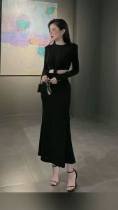 ĐẦM ĐEN MIDI DÀI SUÔNG TRƠN ÔM BODY KHOÉT EO LOE LỬNG THUN GÂN TAY DÀI ĐI TIỆC ĐI CHƠI DẠO PHỐ