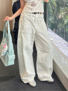 Retro American Embroidered White Jeans High Waist Wide Leg Pants Asymmetrical Pocket Long Knife Edge Denim Womens Fashion
