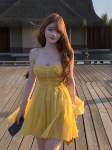 French Pure Desire Style Womens Summer Beach Vacation Slimming Short Dress Halter Neck Gown Folded Waist A-Line Skirt