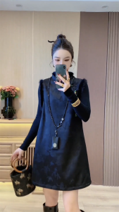 Váy Sườn Xám Phong Cách Trung Hoa Cao Cấp Mới 2024 Áo Sơ Mi Cơ Bản Váy Vest Viền Lông Kết Hợp Viền Ren Cổ Đứng