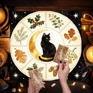 VIKAMA Color Window Black Cat Moon Phase Rose Retro Flower Altar Cloth Tarot Card Tablecloth Wika Divination Astrology Card Pad
