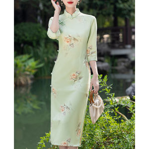 Spring Autumn Green Flower Long Sleeveless Evening Dress Velvet Material Qipao Style Daily Wear Low Slit Chinese Made Breathable