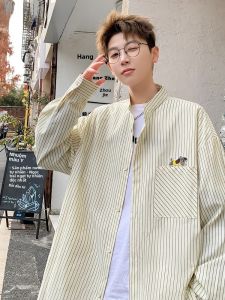 HetingHOME | Áo sơ mi nam dài tay kẻ sọc rộng rãi Hetinghome mùa hè thời trang cặp đôi phong cách Mỹ thường ngày chất liệu polyester