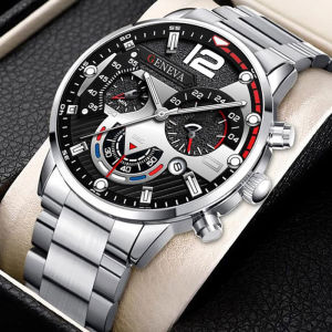 แฟชั่นอินเทรนด์นาฬิกาผู้ชายสายสแตนเลสนาฬิกาคลาสสิกส่วนบุคคลปฏิทินดิจิตอลผู้ชายนาฬิกาควอทซ์