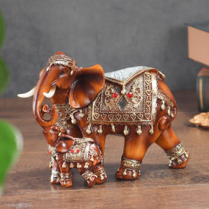 Wood Grain Mother and Child Elephant Statue Southeast Asian Style Home Decor Bedroom Living Room Study Desk Decoration