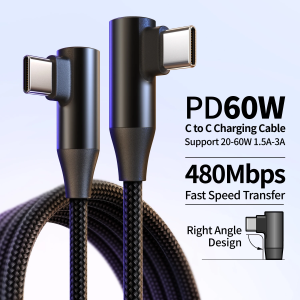 USB-C to Type-C 60W 3A Fast Charging Cable 90° Angled Design Nylon Braided. For Type-C phones/tablets/headphones. 25cm/50cm/1m